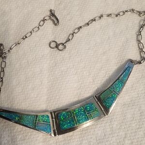 Silver-Tone Blue-Green Opal Inlay Statement Necklace